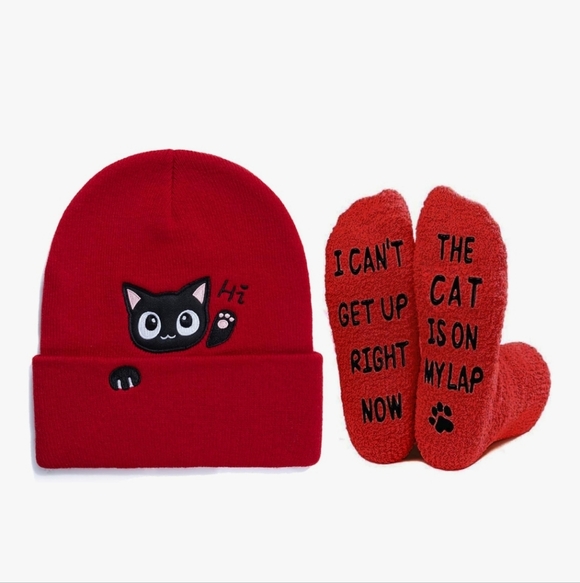 Accessories - Red Cat Embroidered Beanie
